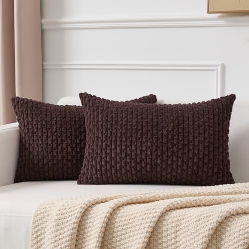 Kevin Textile Soft Corduroy 12"x20" Lumbar Pillow Covers 2 Pack, Coffee