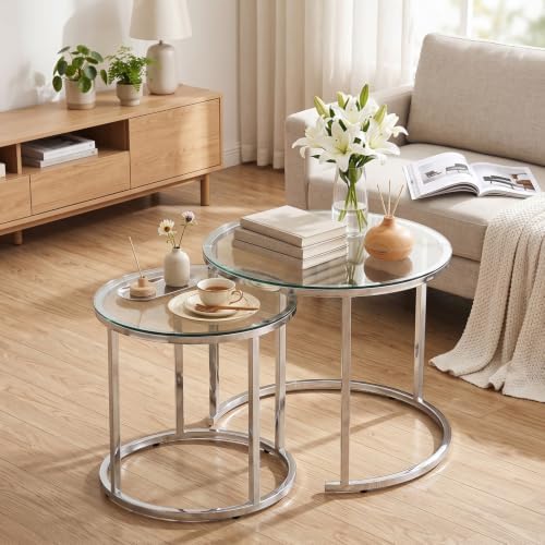 aboxoo Nesting Table Glass Coffee Table for Living Room,Silver Glass Table