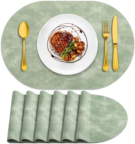 ADRIMER Oval Placemats Set of 6, Wipeable Faux Leather, Green