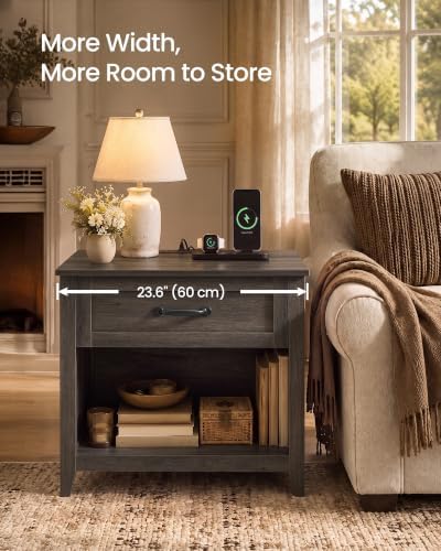 VASAGLE 23.6 inch Farmhouse Nightstands Set 2, Charging Station, 1 Drawer