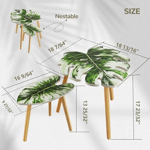 BAMEOS Monstera Leaf Nesting Tables Set of 2, Small Side Tables f Set with Leaf Vein Pattern, Modern Wooden CoffeeTables for Living Room Bedroom Apartment Balcony Yard