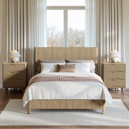 Evermagin Queen Bedroom Set, Platform Bed Frame & 3-Drawer Nightstands, Oak