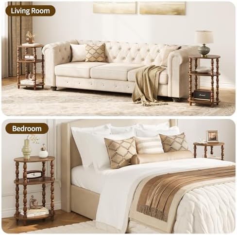 Yoobure 3-Tier Small Side Table - Oval End Table with Vintage Spindle Legs, Accent Night Stand with Storage Shelf for Narrow Spaces, Wood Nightstand Bedside Table for Living Room, Bedroom, Walnut