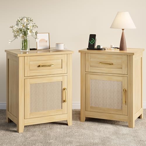 Decofy Rattan Nightstand Set of 2 with Charging Station, Drawer and Cabinet