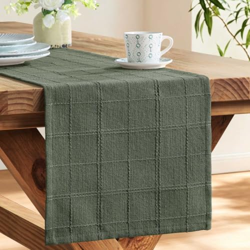 ZeeMart Linen Checked Farmhouse Table Runner, 13x60 Inches Army Green