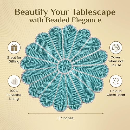 ALPHA Living HOME Beaded Placemats 13 Inch, Teal Silver Round Single Pack