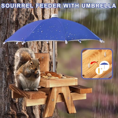 Gnodary Squirrel Feeder with Umbrella, Squirrel Feeders for Outside, Squirrel Picnic Table Feeder - Chipmunk Feeder Hold Corn, Corn Cob, Peanuts (Blue)