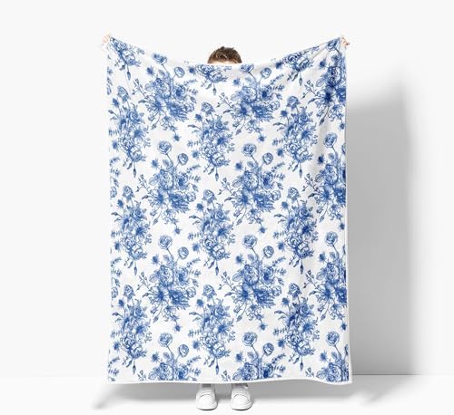 Blue Floral Throw Blanket, Botanical Floral Blanket, Soft, Flannel, Warm, Boho Aesthetic Bed Blankets All Season Flower Throw Blankets for Couch Bedroom Living Room 60X80 Inch