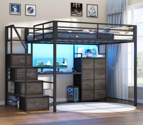 Full Size Loft Bed with Desk, Storage Stairs, LED Lights, Grey