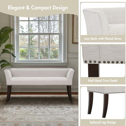 Madison Park Accent Bench for Living Room, Upholstered with Nailhead Trim, & Padded Seat Entryway Bench Small, End of Bed Bench with Back, 49.5" W x 19.25" D x 23" H, White Cream