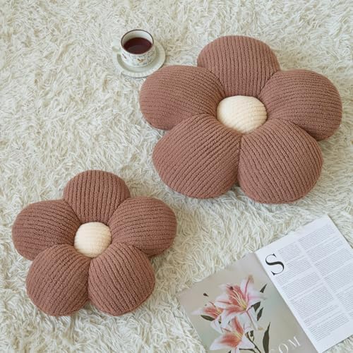 Flower Pillow, Decorative Throw Pillow for Couch, Cute Decor Pillows for Bed, Aesthetic Flower Shaped Pillow Fun Cushion (Brown, 19.6 Inches)