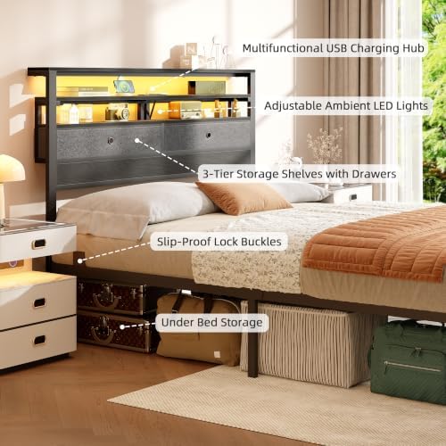 Full Size Bed Frame with Headboard & 2 Fabric Drawers, Black Oak