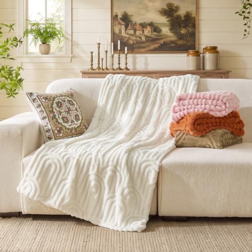 BEDELITE Cream White Boho Fleece Throw Blanket for Couch, 50x60 Inches