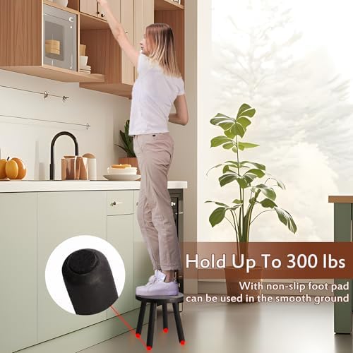 Round Solid Wooden Stool,Plant Stand,Step Stool,Black,10" H