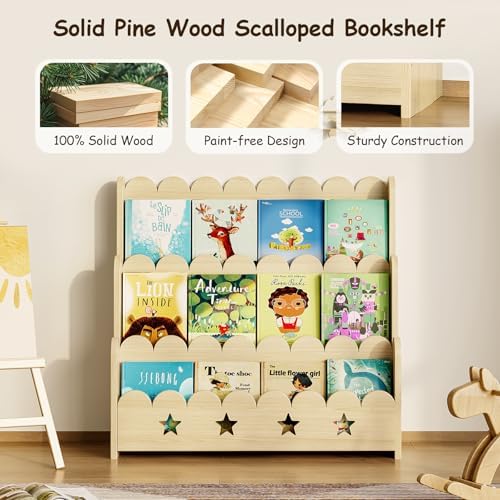 EXPERLAM Scalloped Bookshelf for Kids, 3-Tier Front Facing Book Display Shelf, Solid Wood Montessori Bookcase Organizer for Bedroom, Nursery, Playroom & Classroom