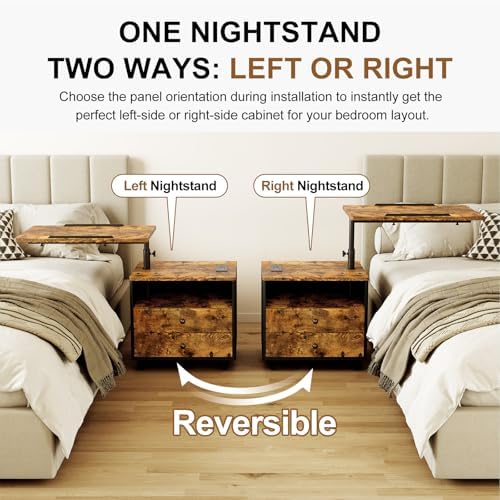 Bedroom Nightstand with Drawers & Charging Station, Adjustable Height Bedside Table with Wheels, Wooden Small Sofa Side Tables with Storage for Living Room, Rustic Brown