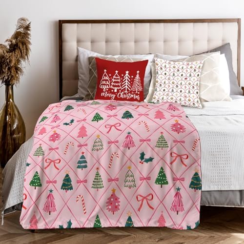 Coquette Pink Bow Christmas Throw Blanket for Couch, Preppy Christmas Decor, Pink Girly Xmas Tree Candy Cane Throw Blanket for Girls Bedroom Living Room Decoration, 50x60 Inches
