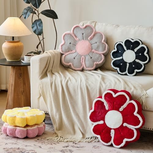 Flower Shaped Decorative Throw Pillow Cushion for Bed Couch, Cute Flower Plush Throw Pillows Home Decor Floor Pillow Seating Cushions (Grey, 17.7 Inches)