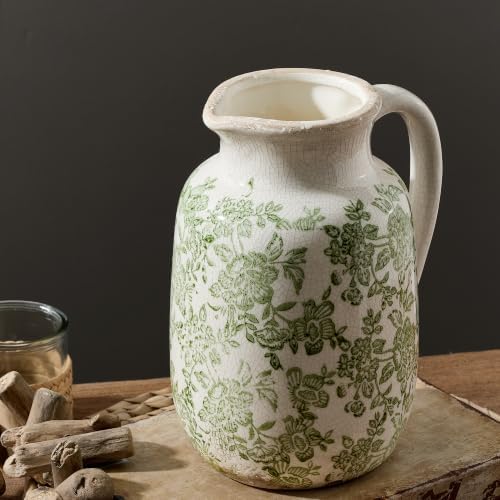 Ceramic Vintage Vase Flower Decorative Vase Chinoiserie Decor Rustic Farmhouse Retro Floral Vases for Table Bookshelf Mantel Kitchen Living Room Office - 9.5" Green