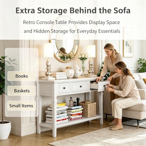 VEADONS Antique White Classic Retro Console Table with 3 Storage Drawers & Spacious Open Bottom Shelf, Vintage Entryway Sofa Accent Table with Simple Assembly for Hallway Living Room