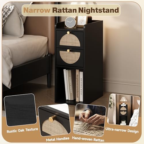 Narrow Nightstand Set of 2 (Rattan & Wood) - Small Bedside Table with 2 Drawers, Open Shelf, Mid Century Modern End Table - for Bedroom, Living Room & Small Spaces, Black