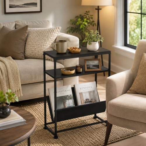 Narrow End Table for Small Spaces - Slim Side Table with Magazine Holder,2 in 1 Design Narrow Coffee Table Living Room,Skinny Bedroom Nightstand Thin Side Magazine Table,Black