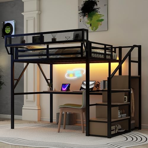 KEIKI Full Size Metal Loft Bed Frame with Desk, Staircase, Built-in Storage Shelves and Wardrobe, Modern Loft Bed with Solid Slats, Guardrail, No Box Spring Required, Easy Assembly, for Bedroom, Black