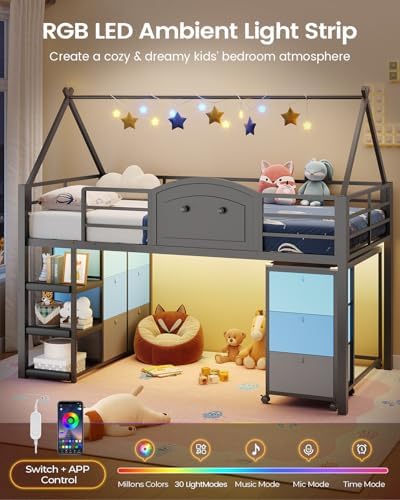Twin Loft Bed with Desk and Storage for Kids, Metal Low Loft Bed Twin with 9 Drawers, 3-Tier Shelves, Led Lights, Safety Guardrail, No Box Spring Needed,Grey