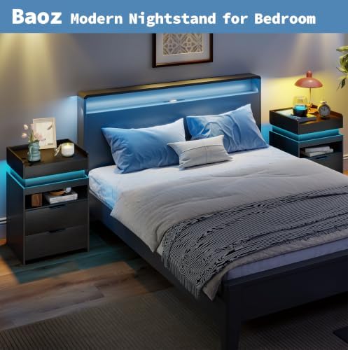 Baoz 28" Tall Modern Nightstand with Charging Station & LED Lights, Black