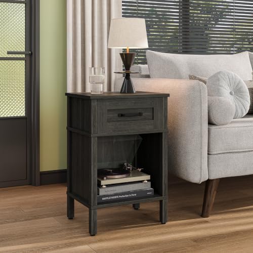 Farmhouse Nightstands with Drawer, Small Wooden Side Table, Modern Bedroom Night Stand, Wood Night Table, Grey Bedside Table with Storage, End Table for Living Room LET512GW