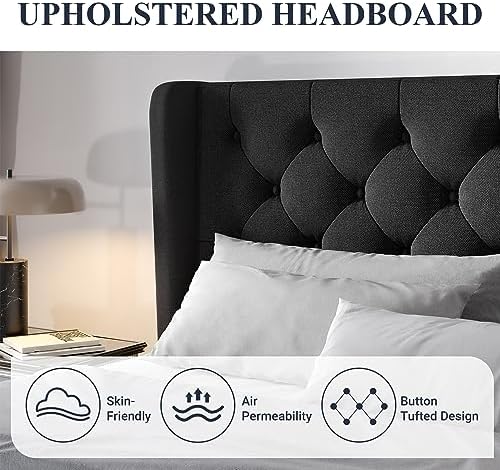 Allewie Queen Size Bed Frame with Button Tufted Wingback Headboard, Black