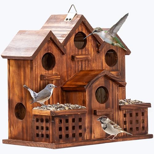 MIXUMON Bird House Outdoor with Feeder, 6-Room Wooden Birdhouse for Outdoors & Outside, Carbonized Pine Wood Bird Houses with 1.57” Entrance & Easy Clean-Out Doors (Natural Wood Door)