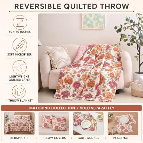 Tache Terracotta Rose Garden Reversible Quilted Throw Blanket, 50x60 Inch