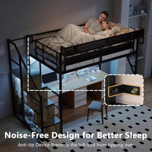 Full Size Metal Loft Bed with Storage Stairs, Wardrobe & Charging Station