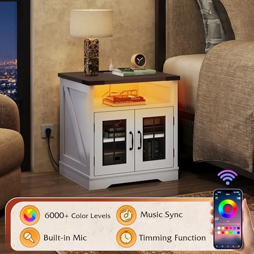WLIVE Farmhouse End Table with Charging Station & LED Light for Living Room