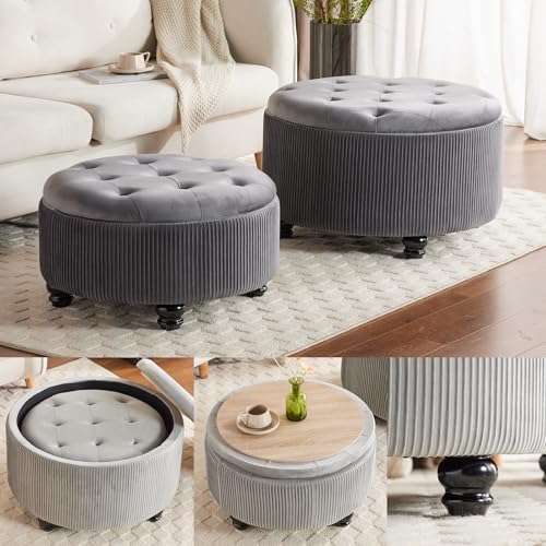 Round Storage Ottoman Coffee Table Set of 2, Gray, 29'' & 24.5''