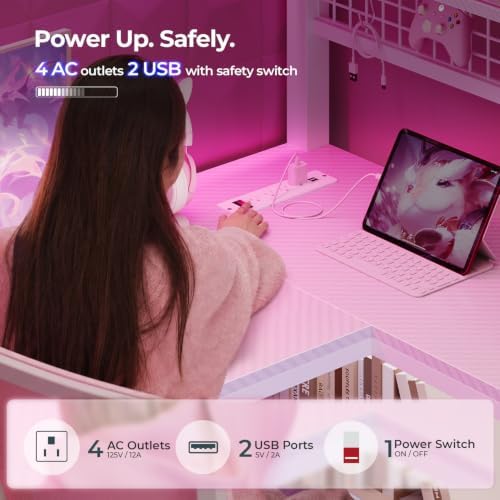 ADORNEVE Gaming Loft Bed Full Size with U-Shaped Desk & RGB Cabinet, White