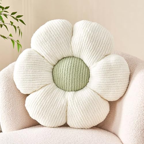 Kcvvcr Flower Throw Pillow, Soft White Green 17.7" Shaped Floor Pillow for Home Decor, Cute Aesthetic Plush Decorative Pillows for Bed, Sofa, Couch