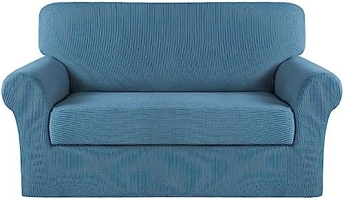Turquoize Stretch Sofa Slipcover 2 Pieces Sofa Cover Couch Cover for 2 Cushion Couch Washable Furniture Protector Covers with Elastic Bottom Feature Thick Jacquard Fabric (Loveseat, Dusty Blue)