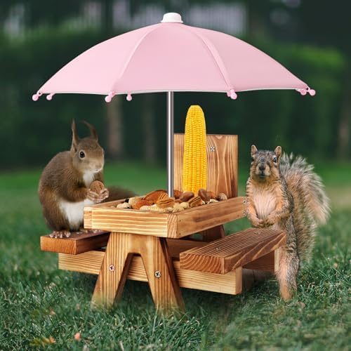 Gnodary Squirrel Feeder with Umbrella, Squirrel Feeders for Outside, Squirrel Picnic Table Feeder - Chipmunk Feeder Hold Corn, Corn Cob, Peanuts (Pink)