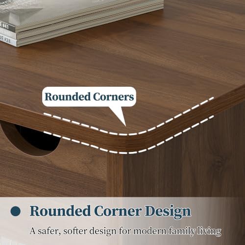 TIQLAB Flip Top End Table with Hidden Charging Station, 23 inch Side Table with Rounded Corner Design, Narrow Nightstand with Wood Shelf, Bedside Table for Living Room Bedroom, Walnut