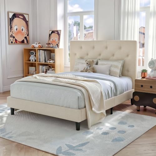 HOMBCK Twin Size Bed Frame with Adjustable Headboard, Cream