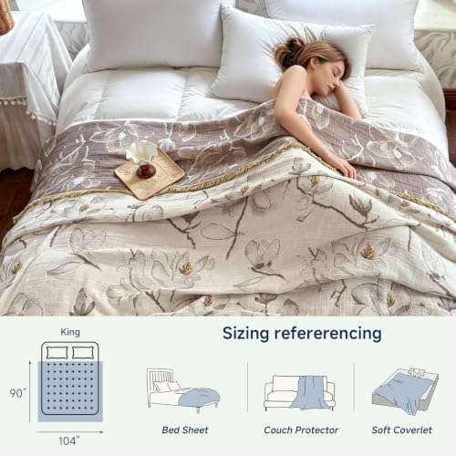 Simple&Opulence Cotton Muslin Blanket King Size 104"x90", Reversible Yarn-Dyed Vintage Khaki Floral Jacquard, 3-Layer Gauze with Tassels, Soft Lightweight Breathable All-Season Bedspread for Bed Couch