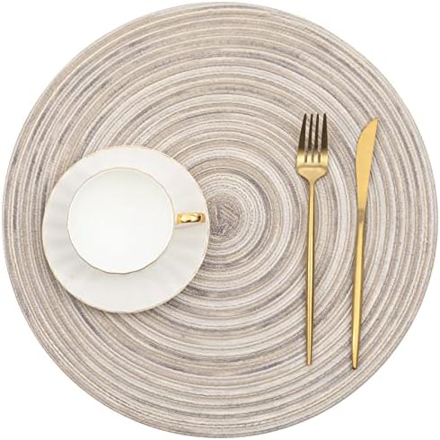 SHACOS Round Braided Placemats 15 inch Set of 4 Variegated Washable Kitchen Table Placemats for Home Wedding Party (Rainbow Gray, 4)