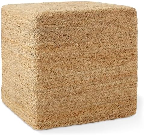 Casafield Hand-Braided Jute Pouf Ottoman Footrest, 18" W x 18" D x 18" H - Square, Natural Woven Boho Floor Cushion, Home Decor for Living Room