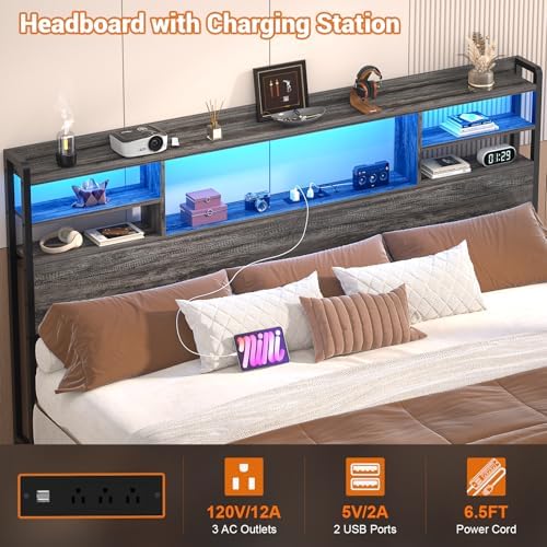 Aheaplus Headboard for King Size Bed with Storage and Outlets, Black Oak