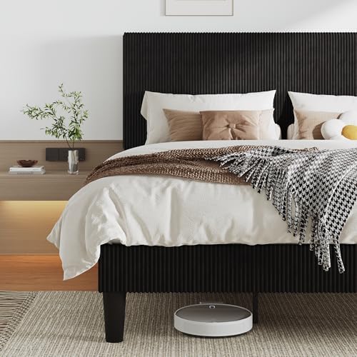 Allewie King Bed Frame, Corduroy Tufted Headboard, Black