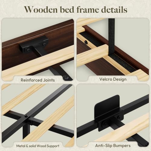 Queen Size Bed Frame with 50.2" Tall Upholstered Headboard, Walnut