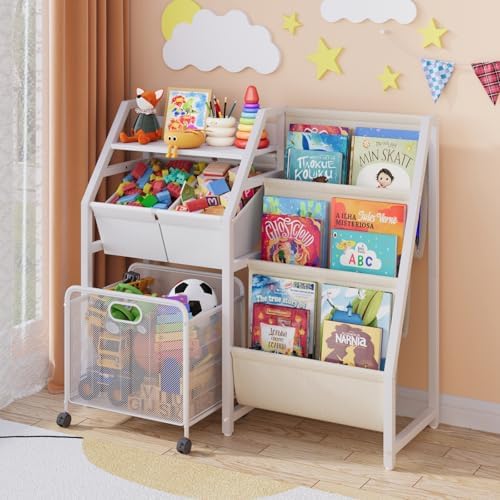 LATIBELL Kids Bookshelf Toy Storage Organizer & 2 Bins，3 Tier White