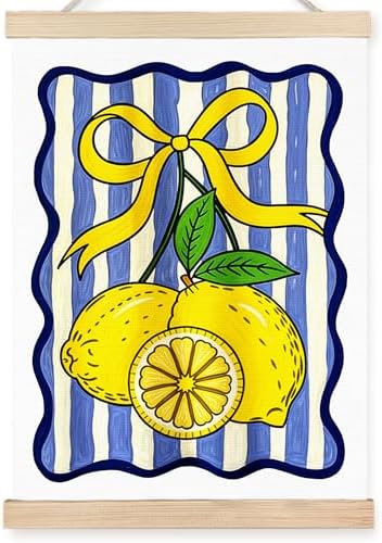 FDHSPAAM Coquette Yellow Bow Lemon Wall Art Decor, Lemon Home Decor, Blue and White Striped Fruit Wall Art Posters for Kitchen Dining Room Living Room Home, 12x16 Inch